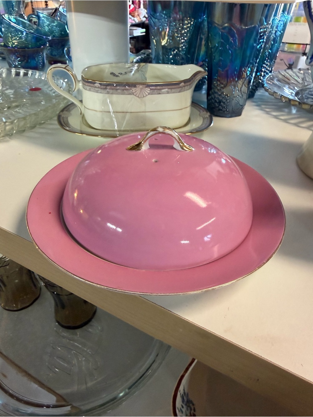 Vintage Pink Covered Butter Dish with Gold Trim